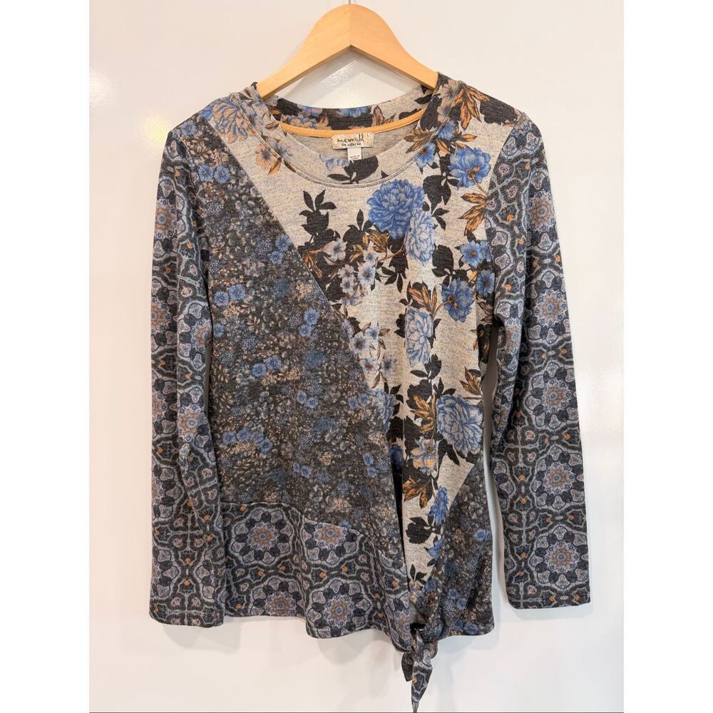 One‎ World Mixed Print Floral Tie Front Top L  Listing